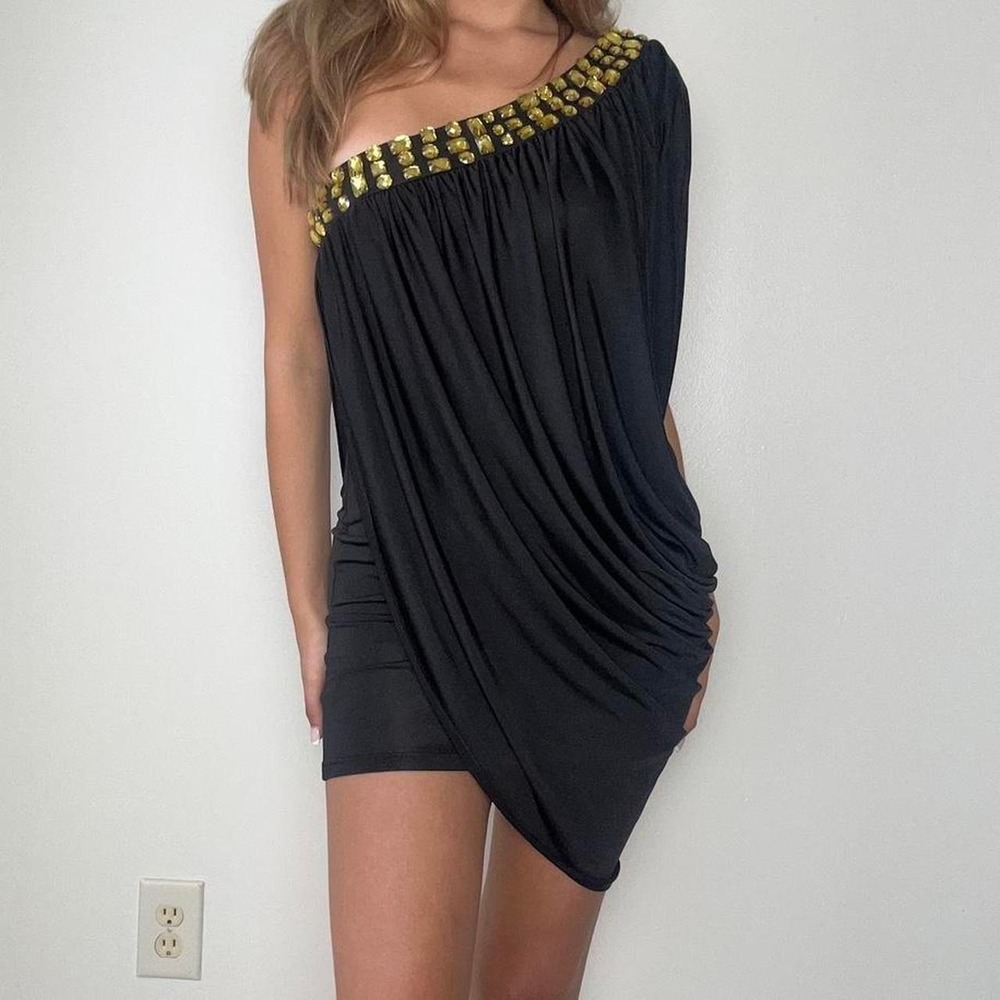 vintage OOs black off the shoulder draped mini dress
